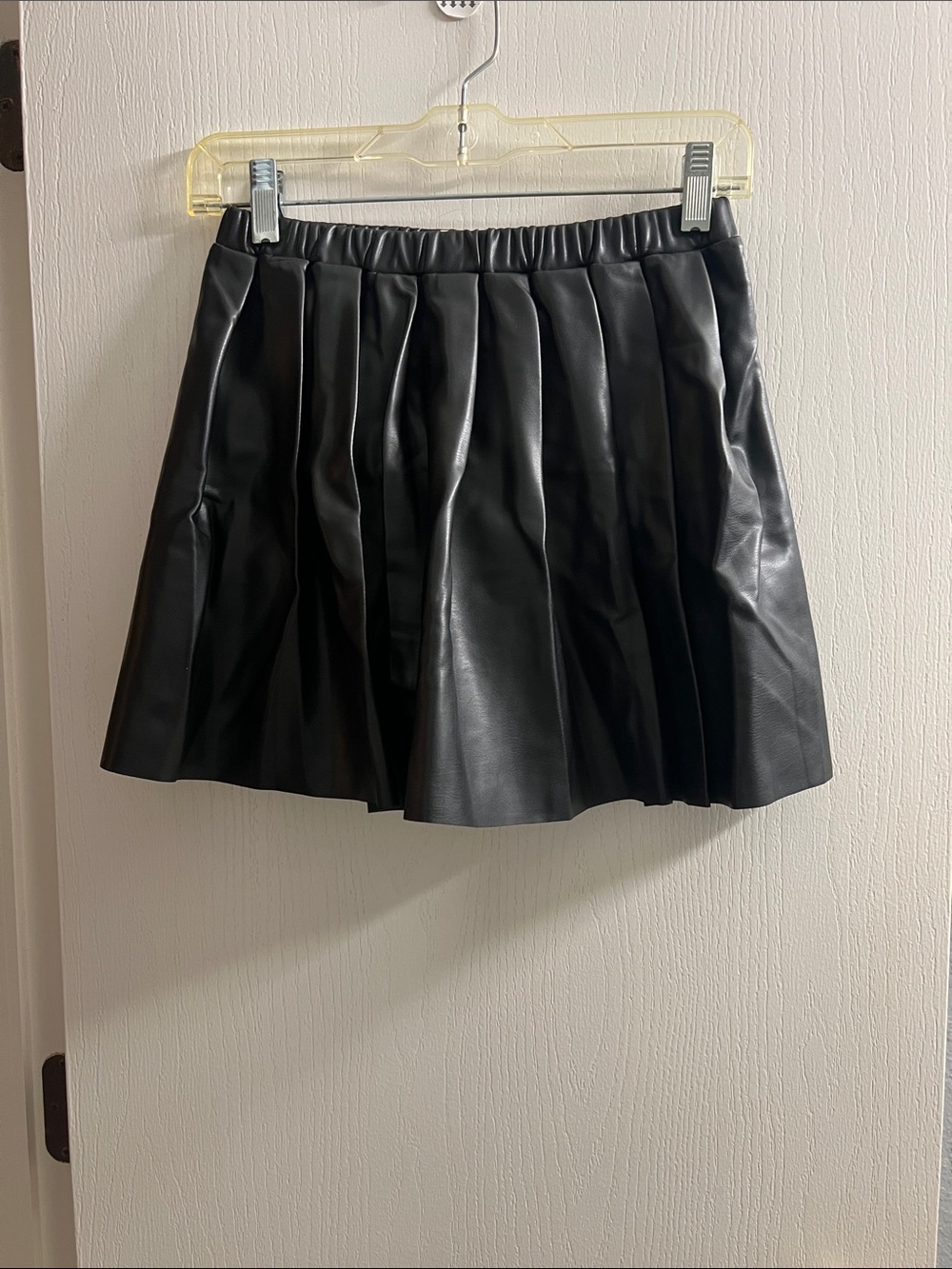 Girls Black Pleated Faux Leather Skirt with Elastic Waist